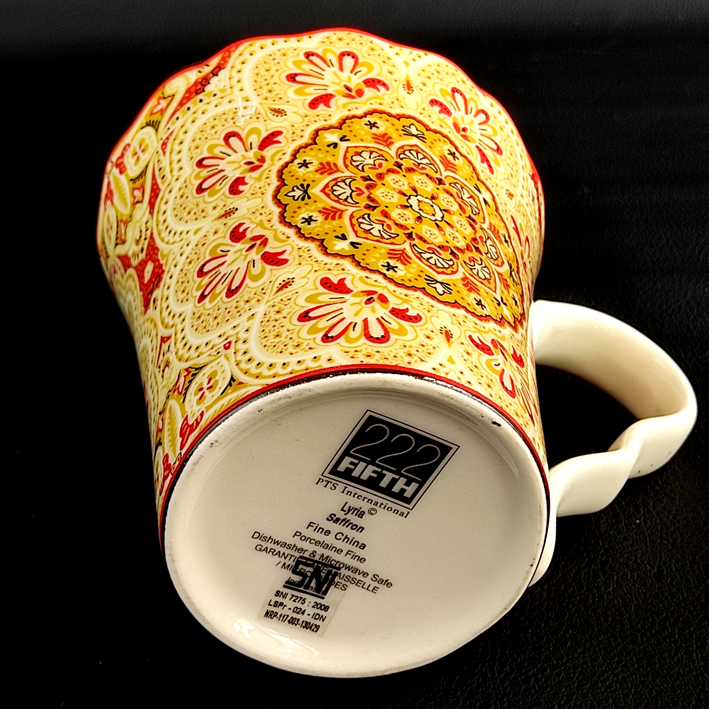 222 Fifth Lyria Saffron Fine China Mug Mandala Floral Yellow Red 12cm