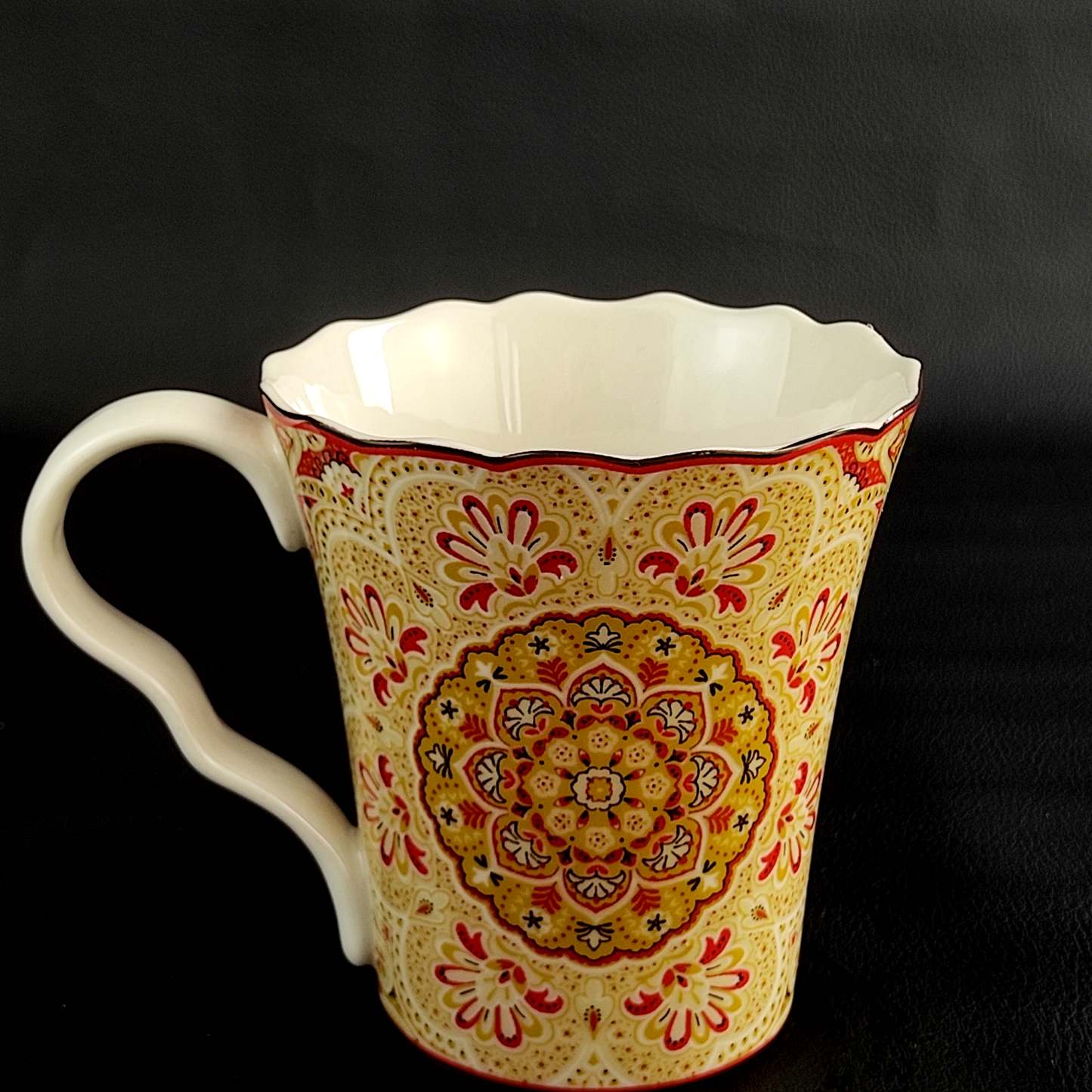 222 Fifth Lyria Saffron Fine China Mug Mandala Floral Yellow Red 12cm
