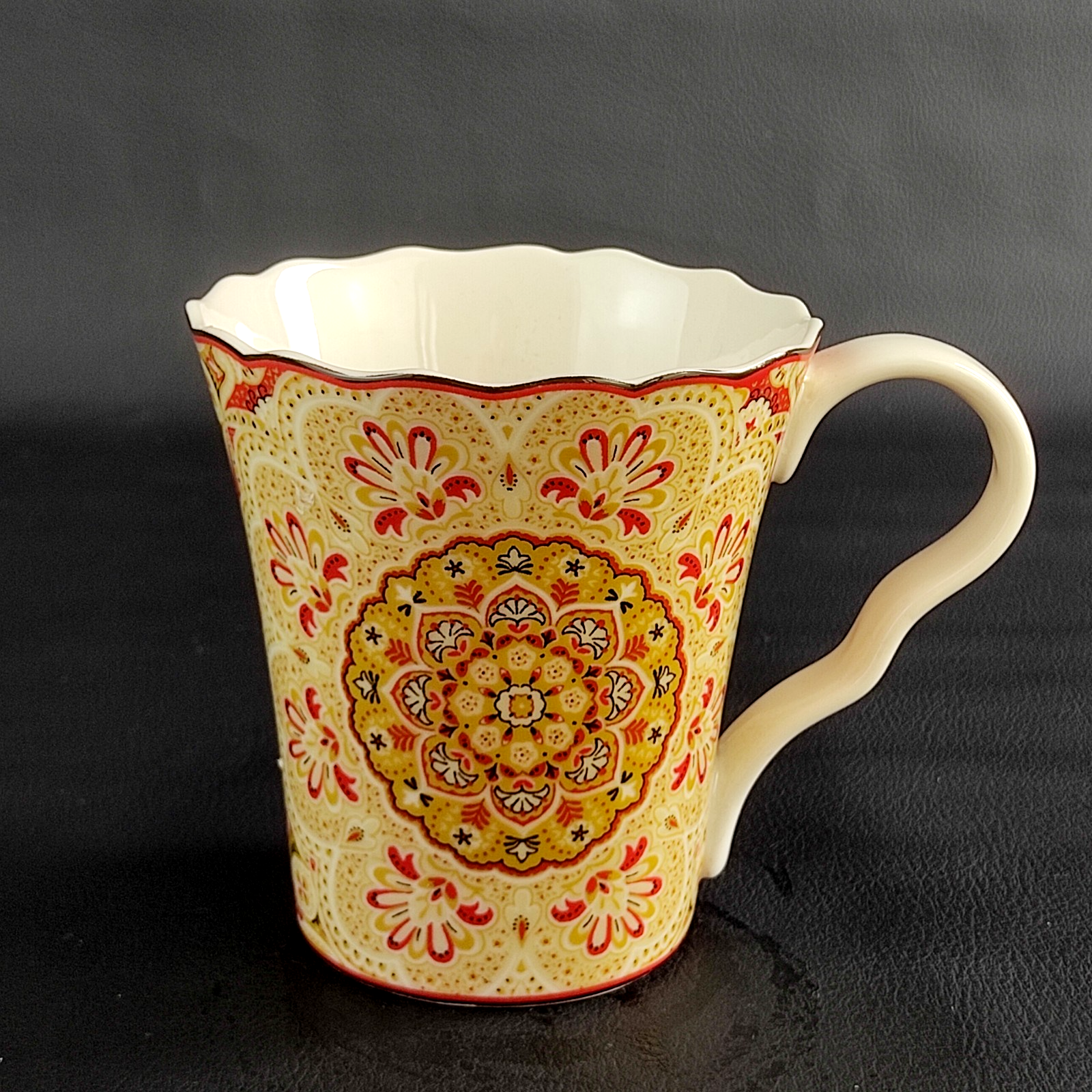 222 Fifth Lyria Saffron Fine China Mug Mandala Floral Yellow Red 12cm